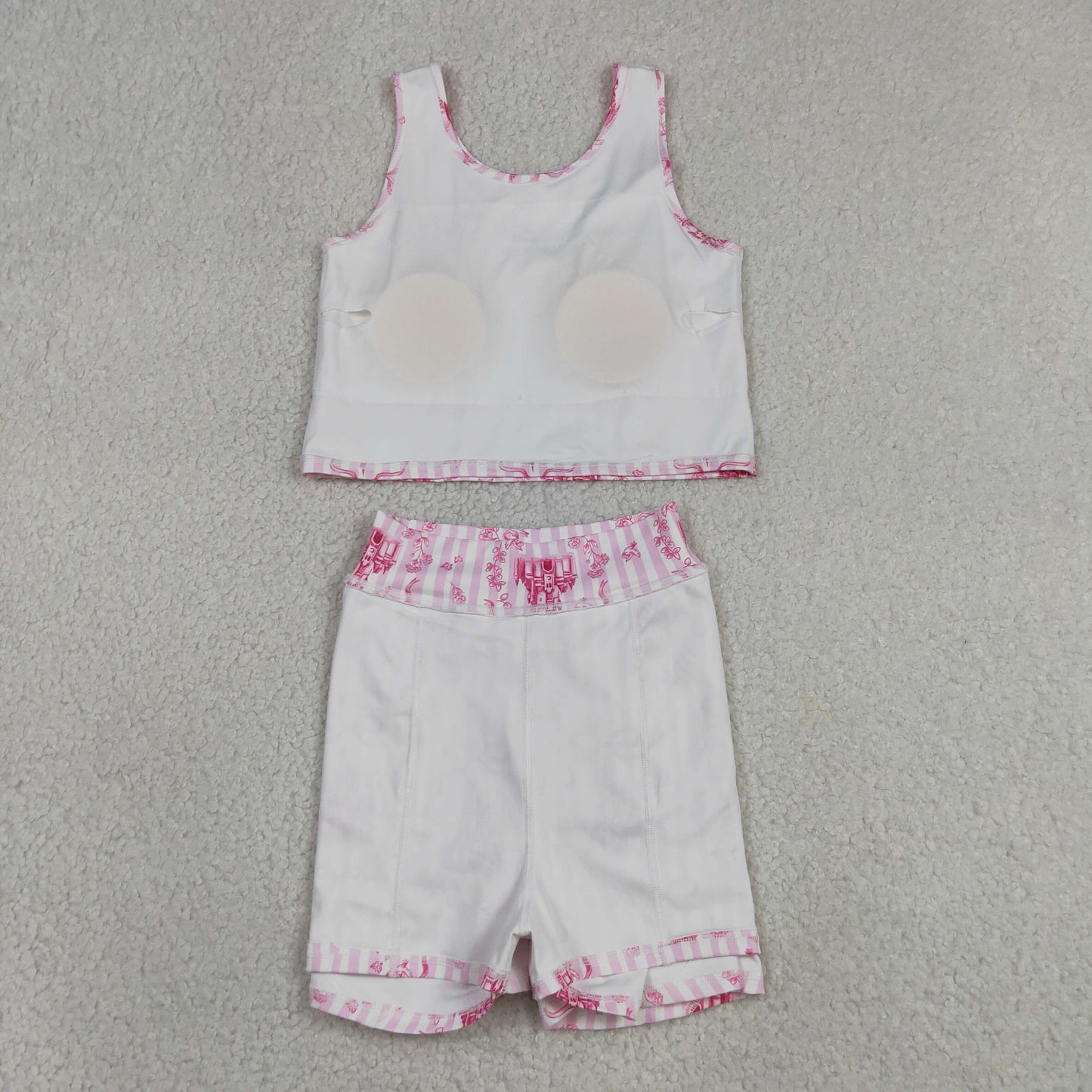 RTS NO MOQ yoga fabric GSD3814 Baby Girls Sweet Pink Stripe Bow Sleeveless Active Wear Set