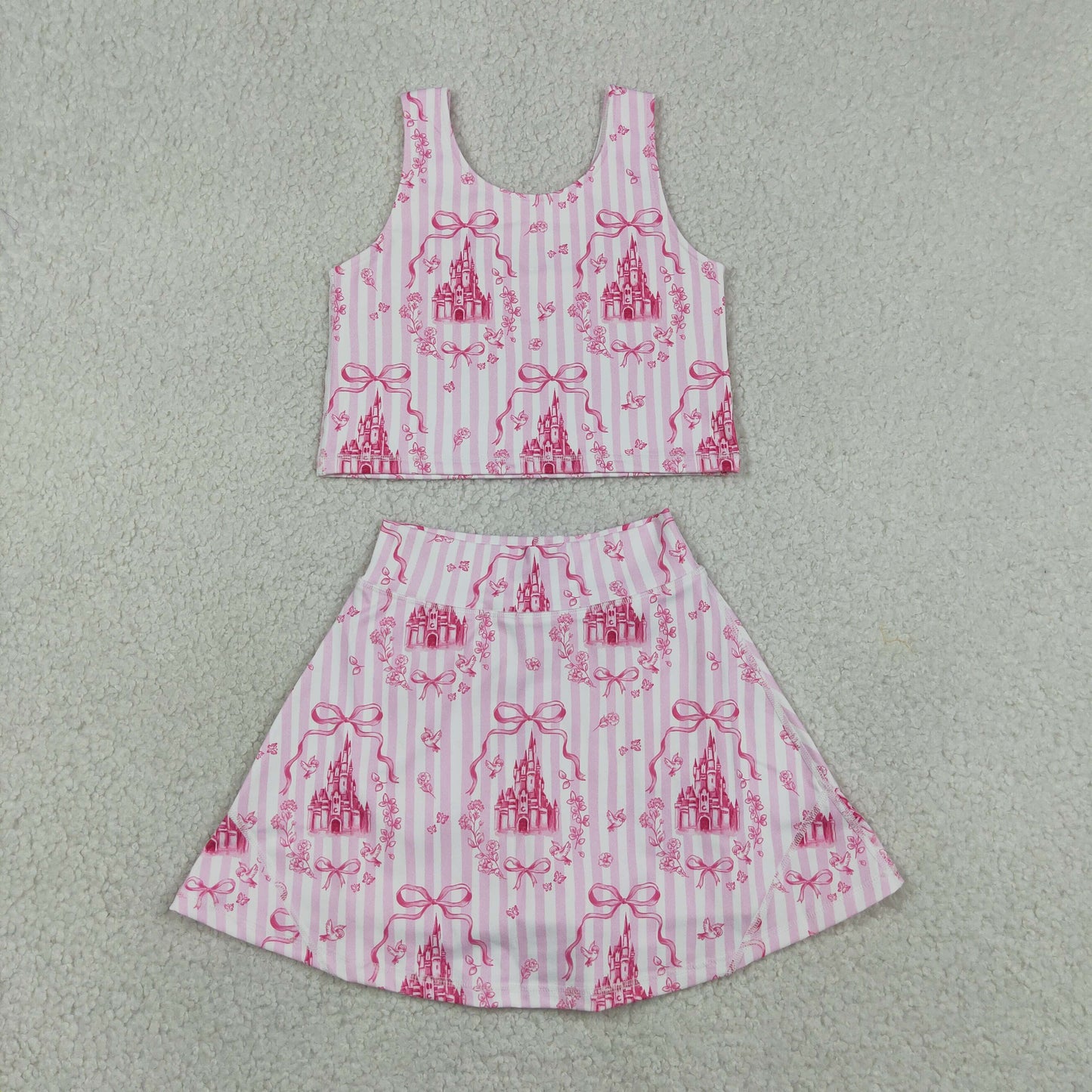 RTS NO MOQ yoga fabric GSD3814 Baby Girls Sweet Pink Stripe Bow Sleeveless Active Wear Set