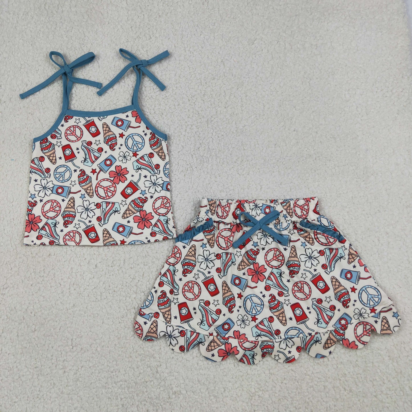 RTS NO MOQ milk silk GSD3827 Baby Girls Ice Cream Strap Top Scallop Pocket Skirt Shorts 4th of July Set
