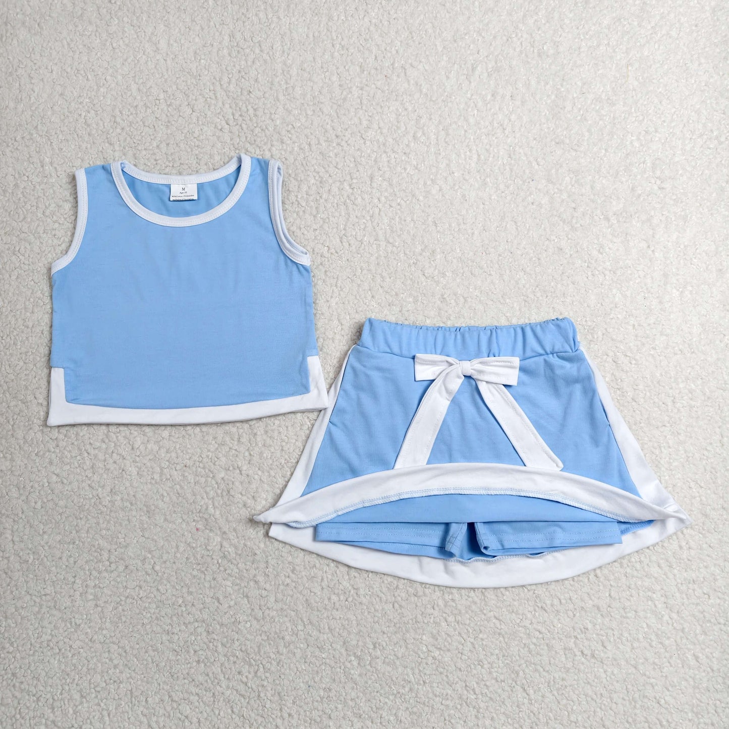 RTS NO MOQ cotton GSD3828 Baby Girls Blue Sleeveless Vest Top Elastic Waist Skirt Shorts Summer Sets