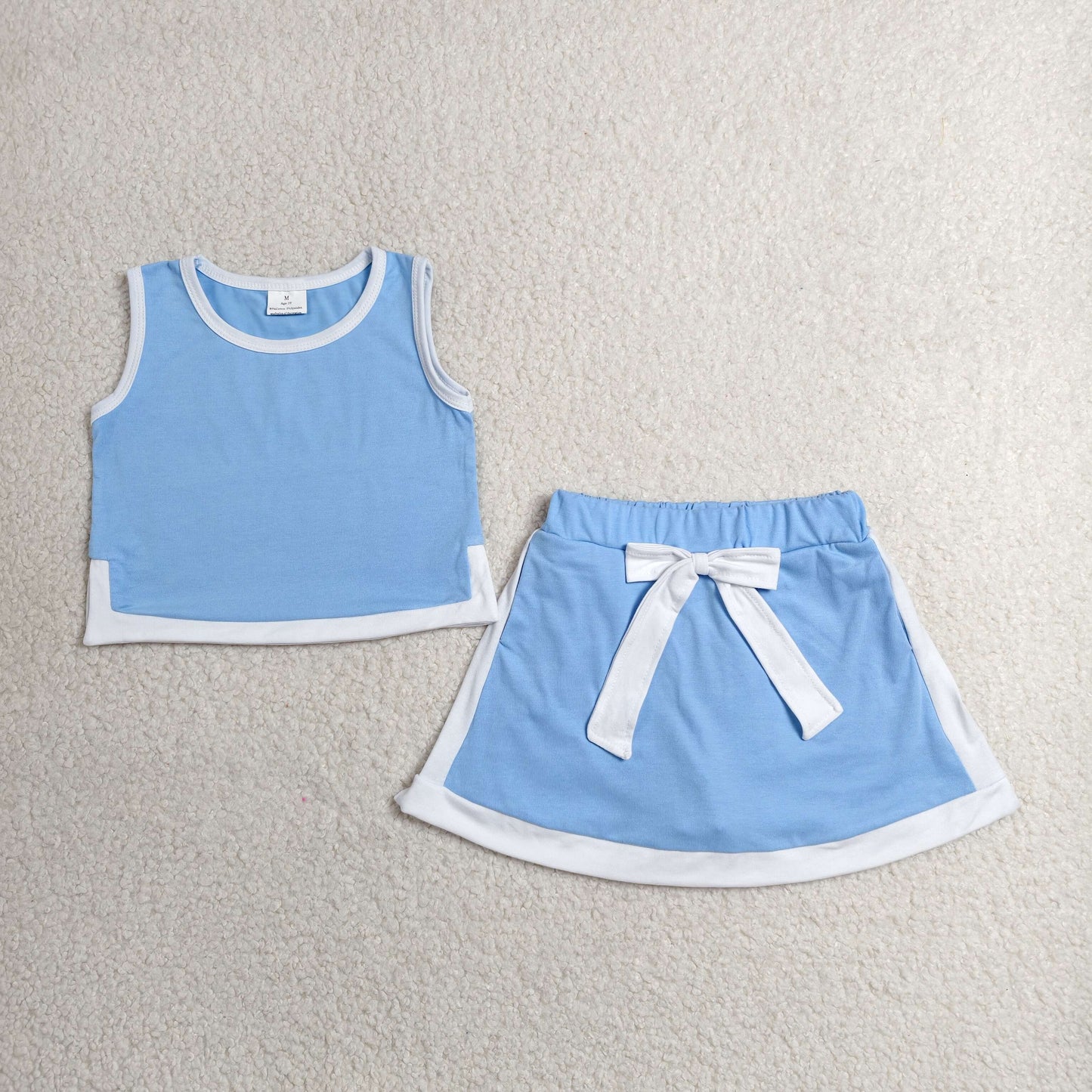 RTS NO MOQ cotton GSD3828 Baby Girls Blue Sleeveless Vest Top Elastic Waist Skirt Shorts Summer Sets