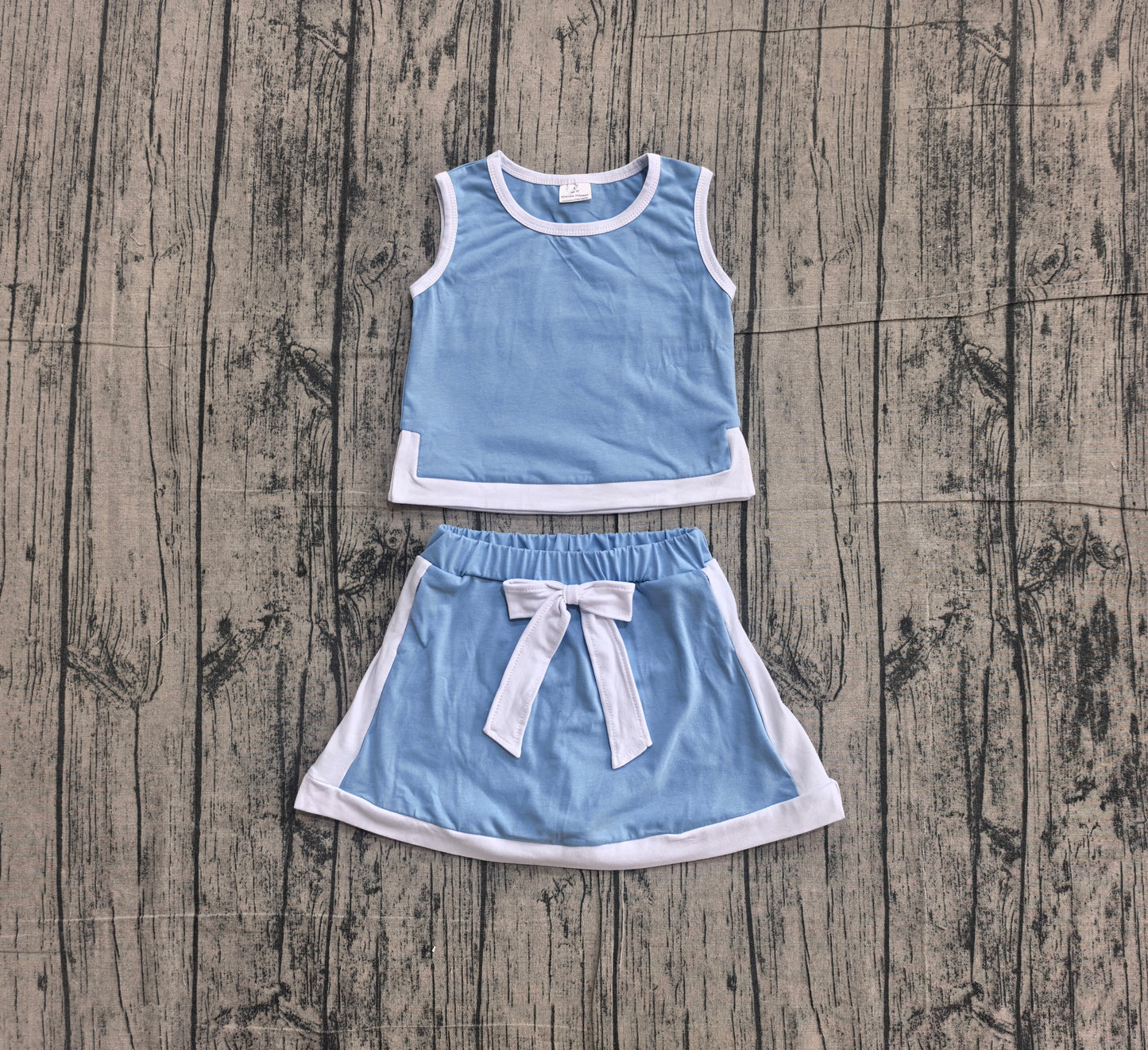 (Sample) No moq cotton GSD3828 Baby Girls Blue Sleeveless Vest Top Elastic Waist Skirt Shorts Sets