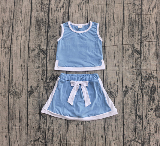 (Sample) No moq cotton GSD3828 Baby Girls Blue Sleeveless Vest Top Elastic Waist Skirt Shorts Sets