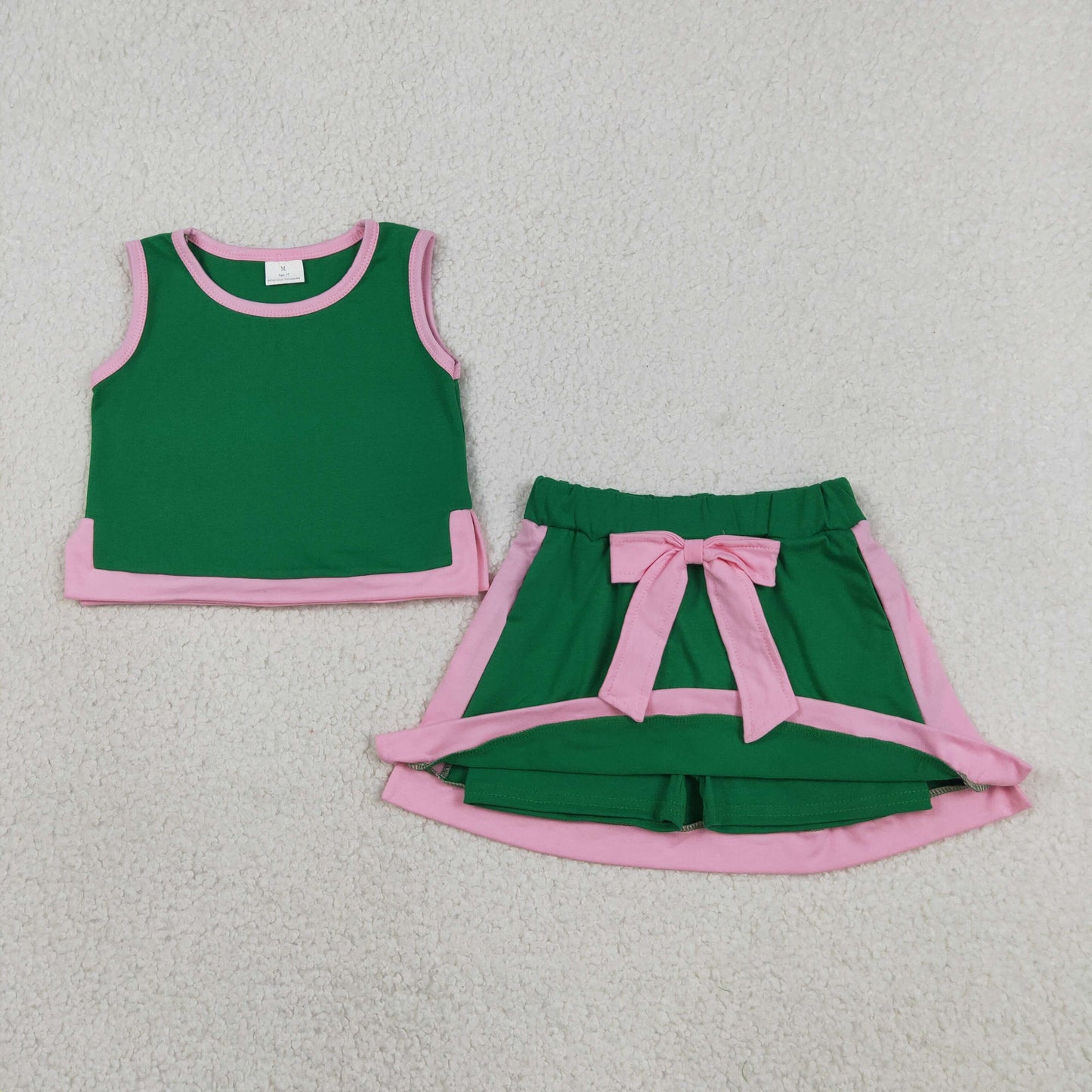 RTS NO MOQ cotton GSD3830 Baby Girls Green Pink Sleeveless Vest Ruffle Bow Skirt Set