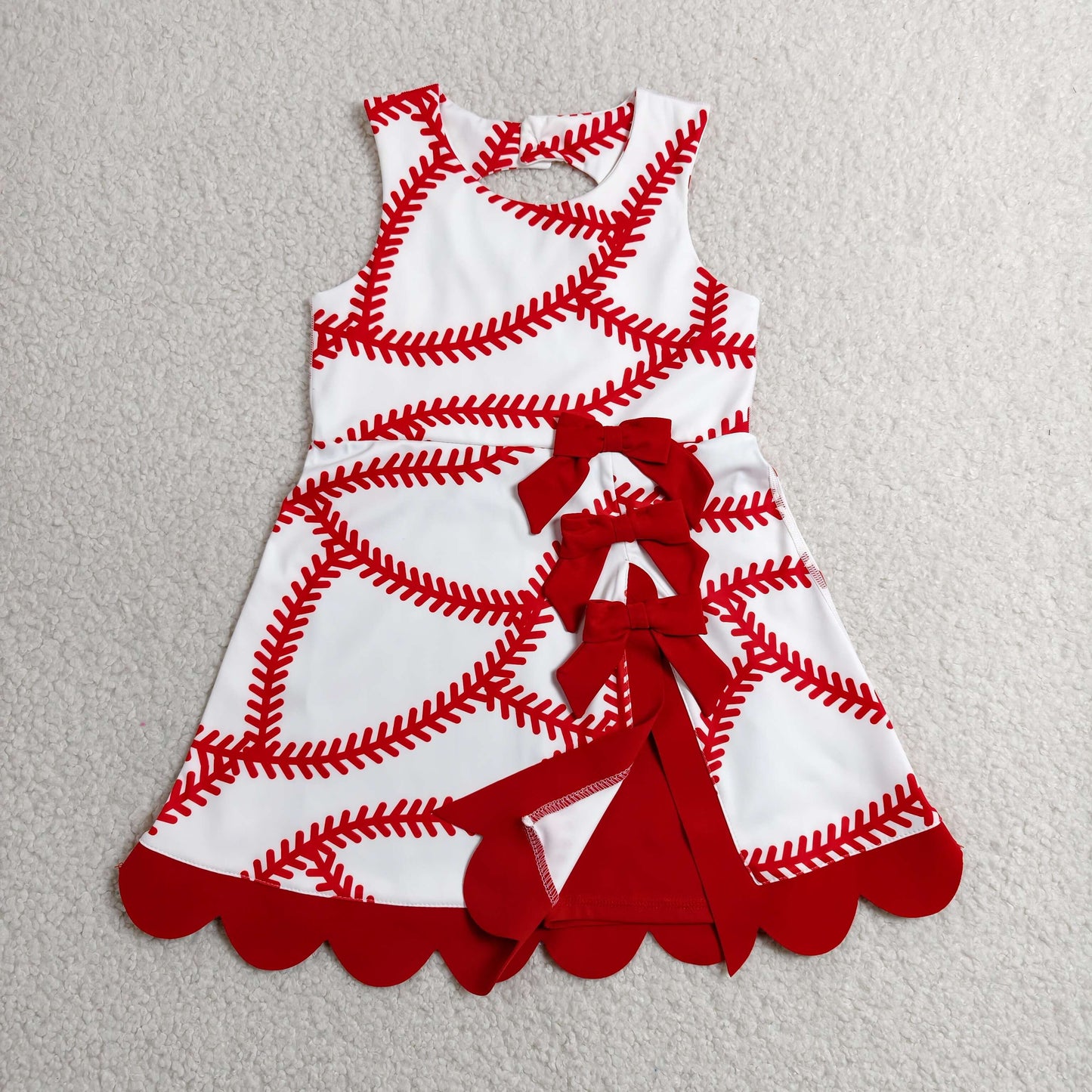 RTS NO MOQ yoga fabric GSD3833 Baby Girls Scallop Short Knee-Length Dress with Baseball Bows Active Team Yoga Casual Wear