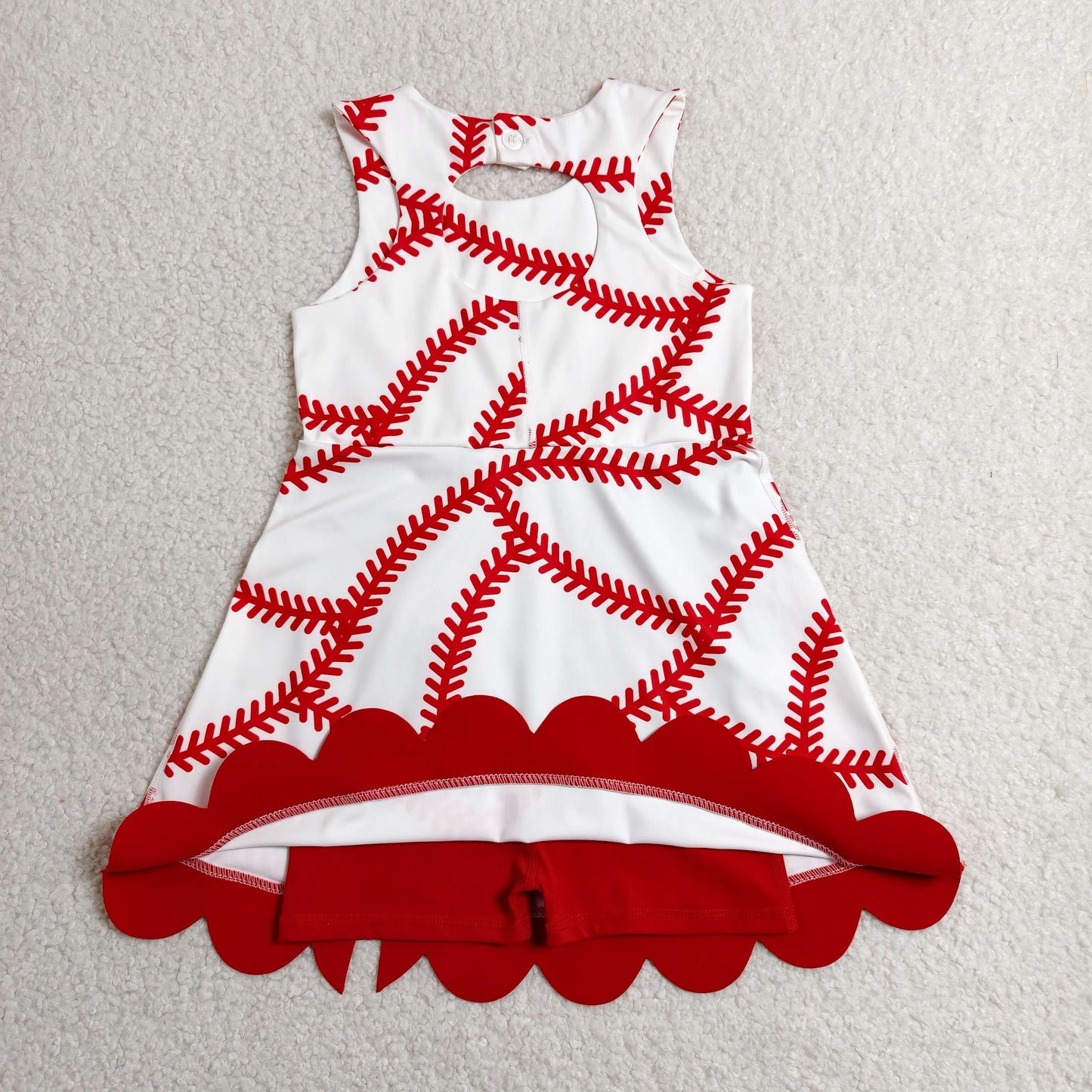 RTS NO MOQ yoga fabric GSD3833 Baby Girls Scallop Short Knee-Length Dress with Baseball Bows Active Team Yoga Casual Wear