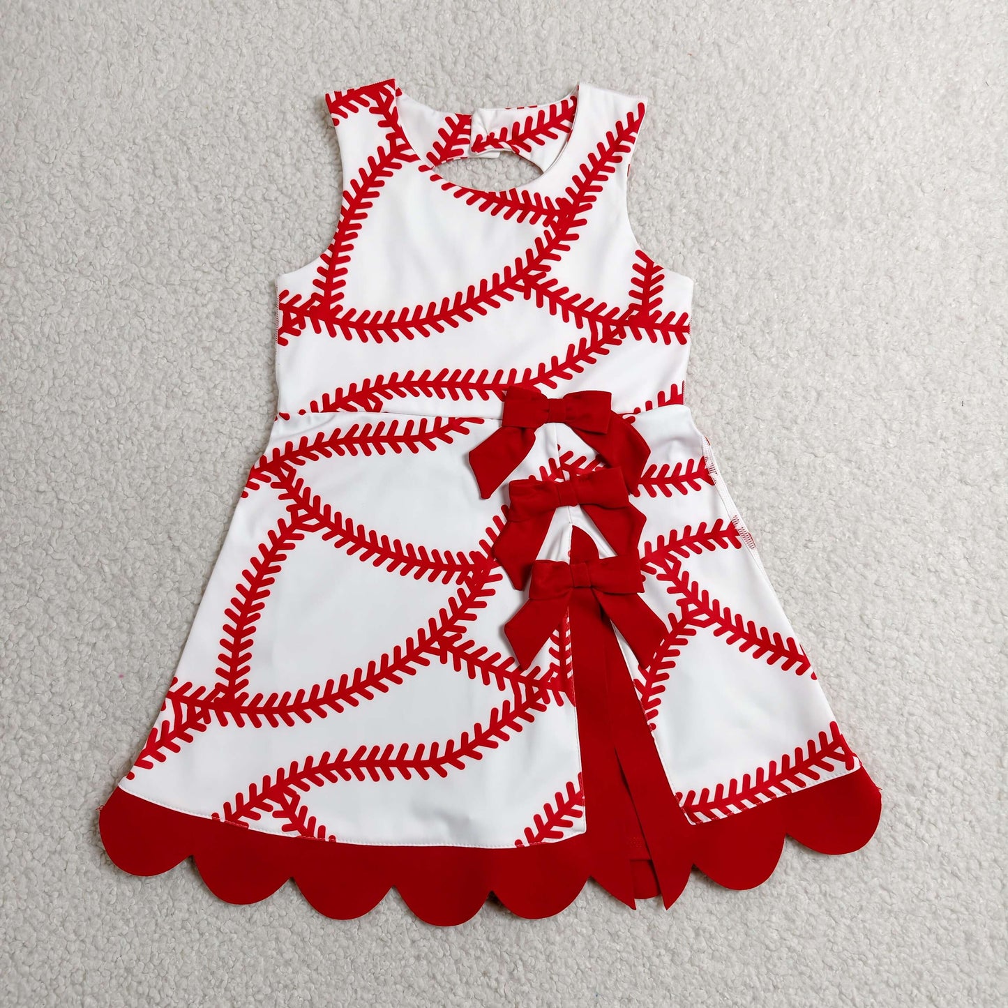 RTS NO MOQ Sibling yoga fabric Baby Girls Cute Team Softball Graphic Back Bow Scallop Edge Knee Length Active Dress