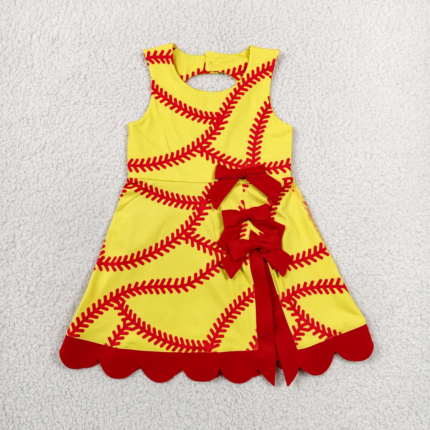 RTS NO MOQ Sibling yoga fabric Baby Girls Cute Team Softball Graphic Back Bow Scallop Edge Knee Length Active Dress
