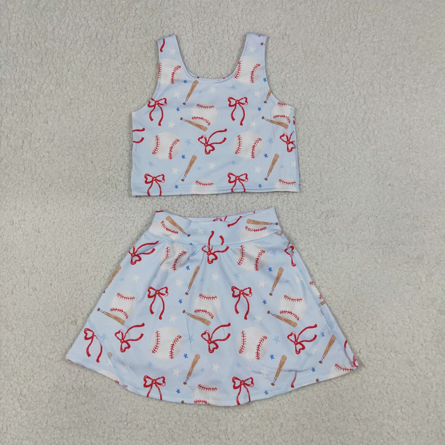 RTS NO MOQ GSD3835 Baby Girls Baseball Bow Vests Top Skirt Short Set Yoga Active Outfit for Kids