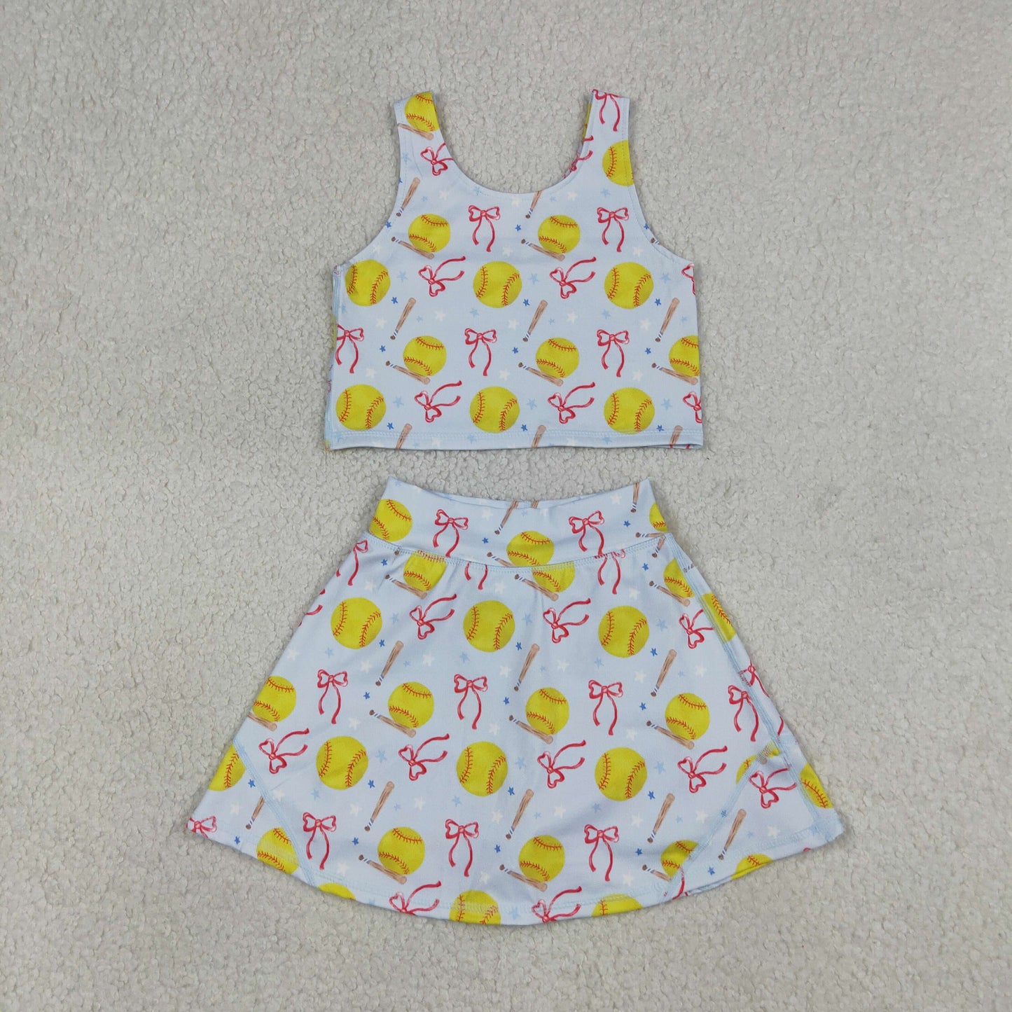 RTS NO MOQ GSD3836 Baby Girls Softball Bows Vest Top Skirt Short Set Team Yoga Active Outfit for Kids