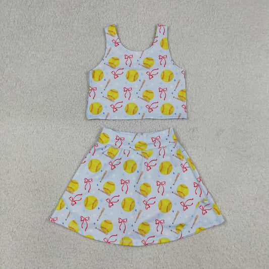 RTS NO MOQ GSD3836 Baby Girls Softball Bows Vest Top Skirt Short Set Team Yoga Active Outfit for Kids