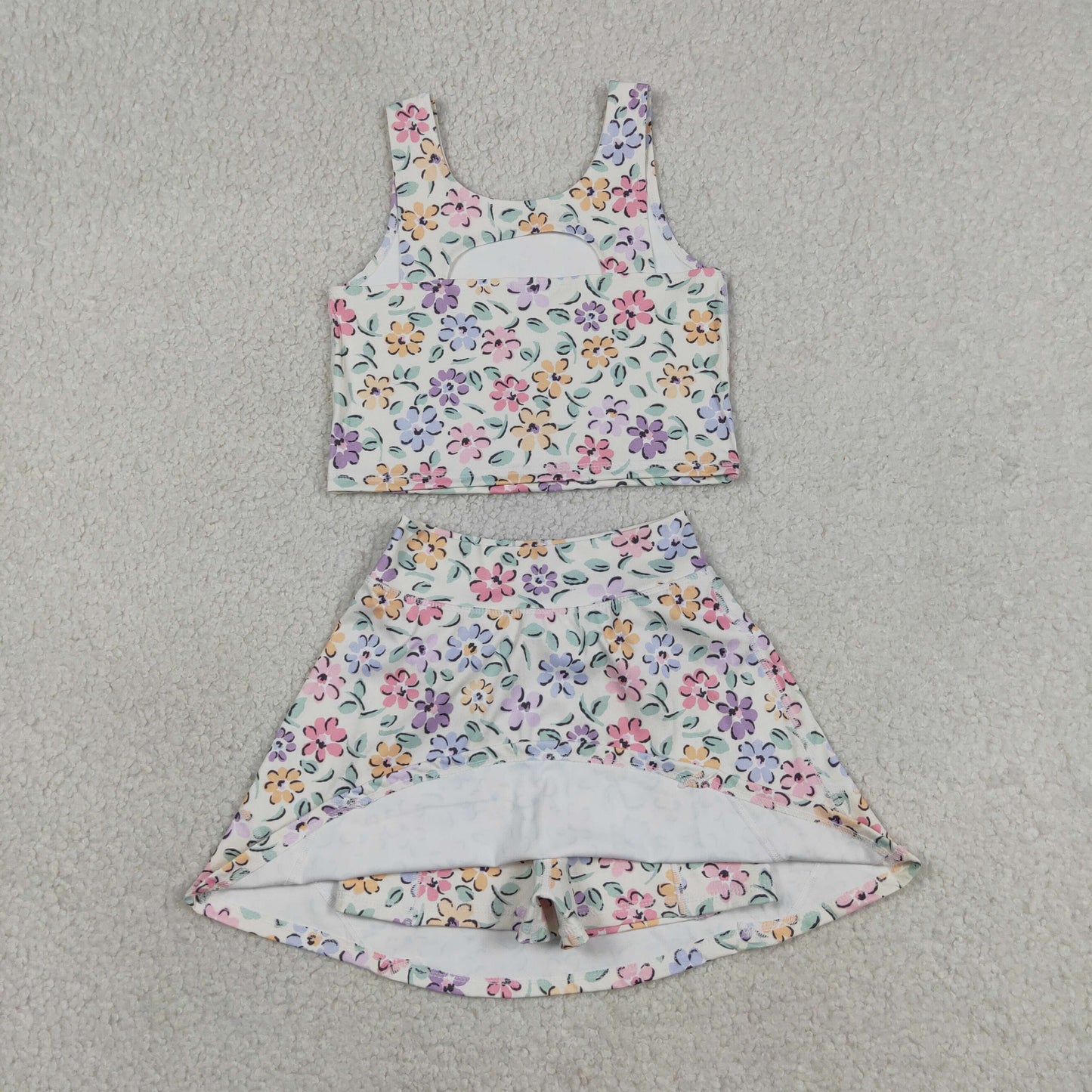 RTS NO MOQ GSD3838 Baby Girls Summer Colorful Flower Vest Yoga Skort Active Set