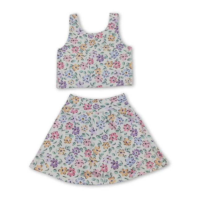 RTS NO MOQ Sibling yoga fabric Baby Girls Sleeveless Colorful Flowers Vest Skirt Shorts Yoga Active Clothes Sets