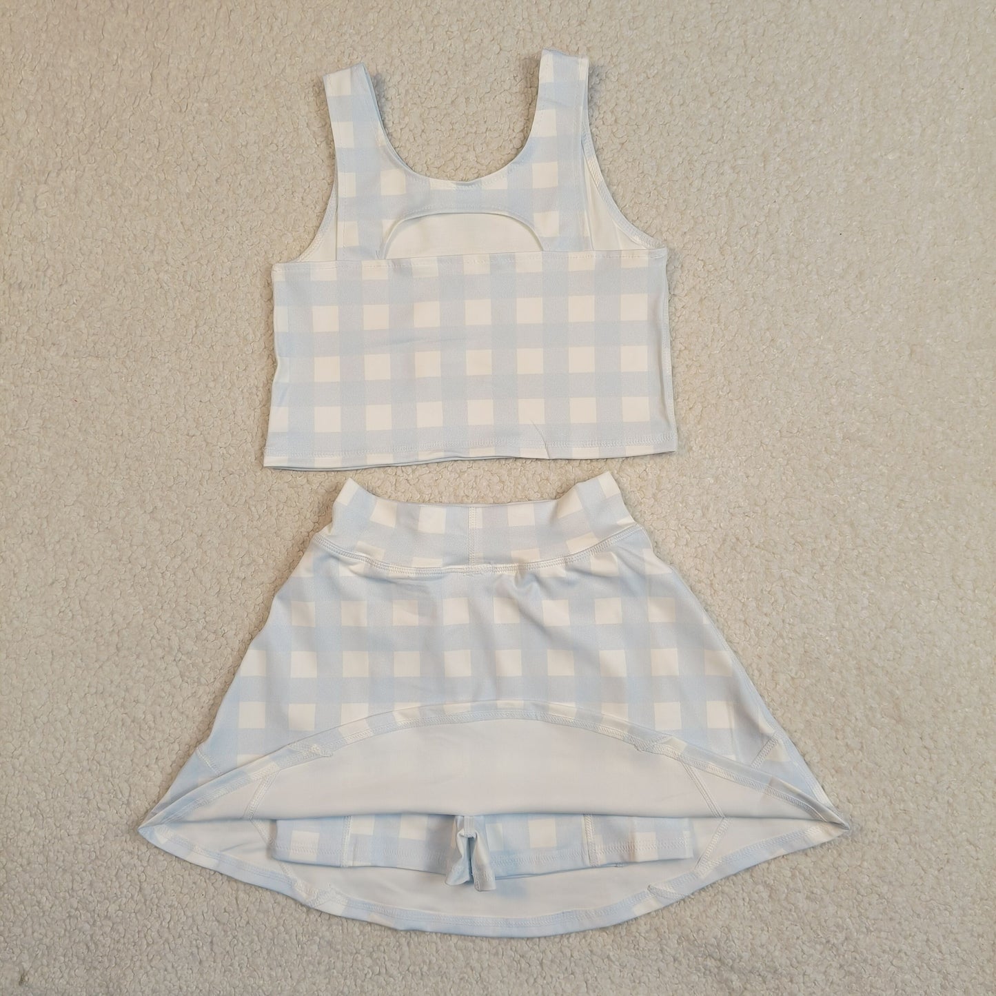 RTS NO MOQ GSD3839 Baby Girls Light Blue Checked Vest Short Skirt Yoga Active Clothes Set
