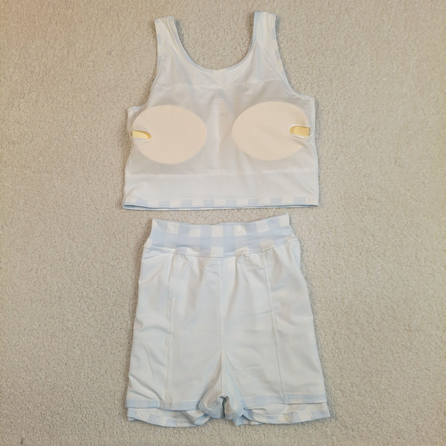 RTS NO MOQ GSD3839 Baby Girls Light Blue Checked Vest Short Skirt Yoga Active Clothes Set