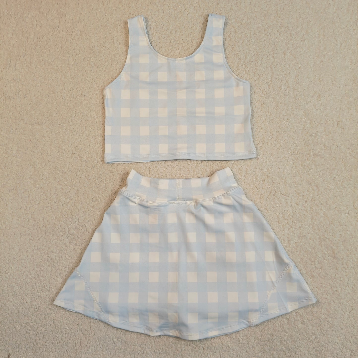 RTS NO MOQ GSD3839 Baby Girls Light Blue Checked Vest Short Skirt Yoga Active Clothes Set