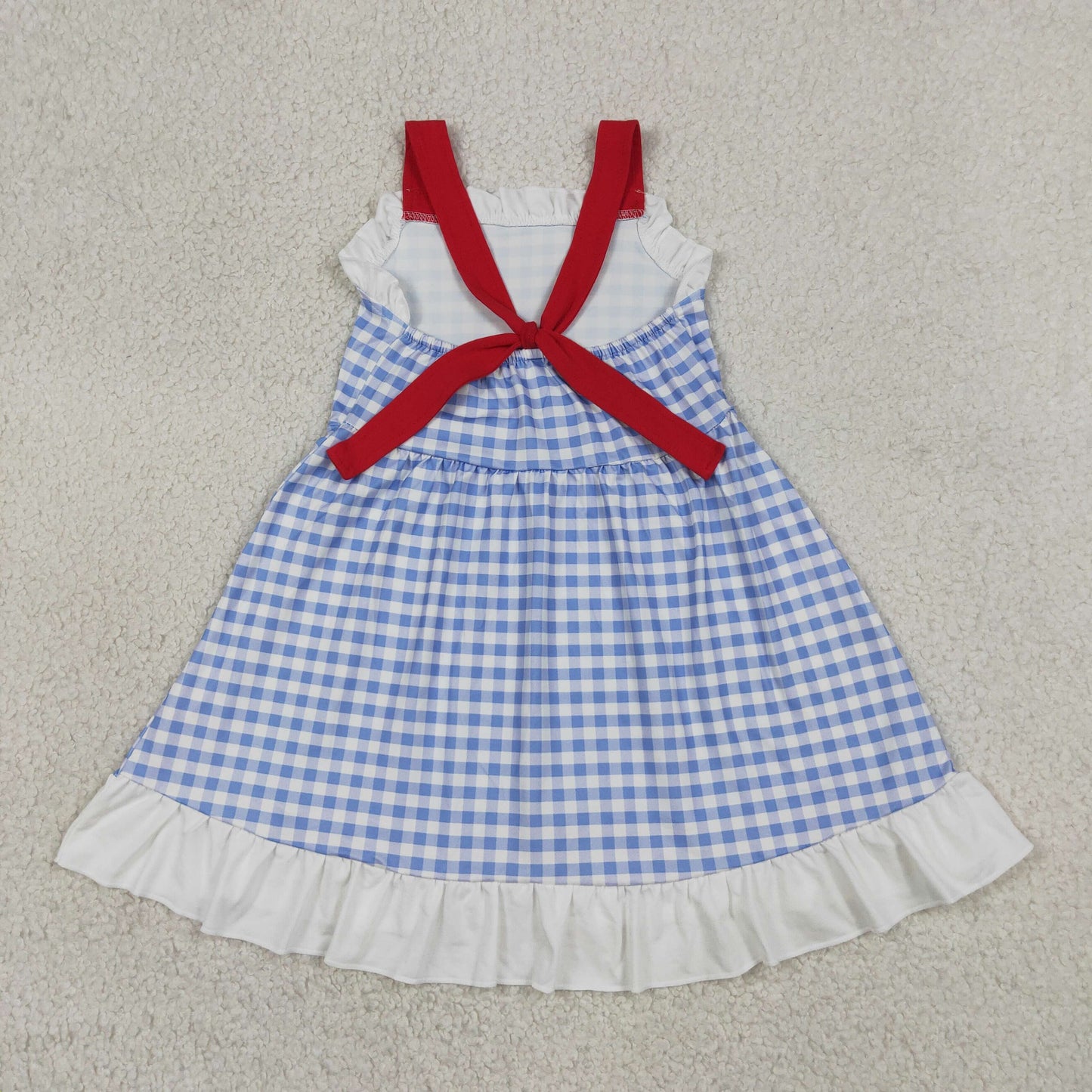 RTS NO MOQ milk silk GSD3843 Baby Girls Blue Plaid Strap Back Bow 4th of July Knee Dress
