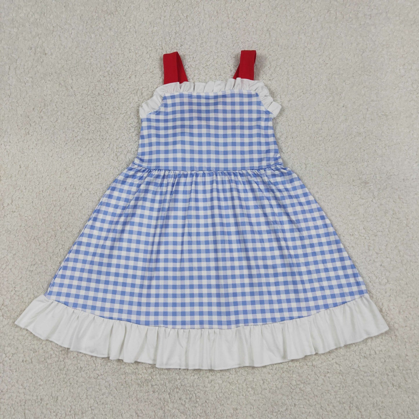 RTS NO MOQ milk silk GSD3843 Baby Girls Blue Plaid Strap Back Bow 4th of July Knee Dress