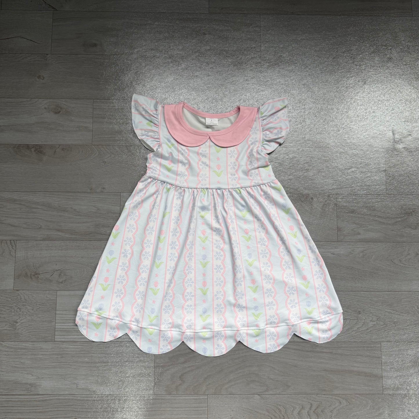 (Sample) No moq milk silk GSD3867 Toddler Girls Floral Print Flutter Sleeve Stripe Collar Scallop Hem Knee Length Dress