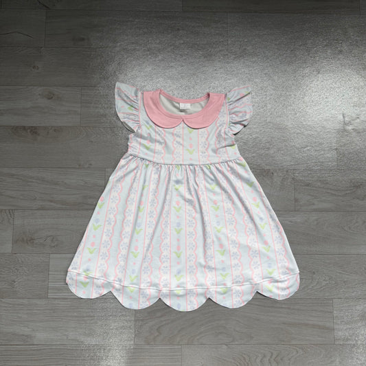 (Sample) No moq milk silk GSD3867 Toddler Girls Floral Print Flutter Sleeve Stripe Collar Scallop Hem Knee Length Dress