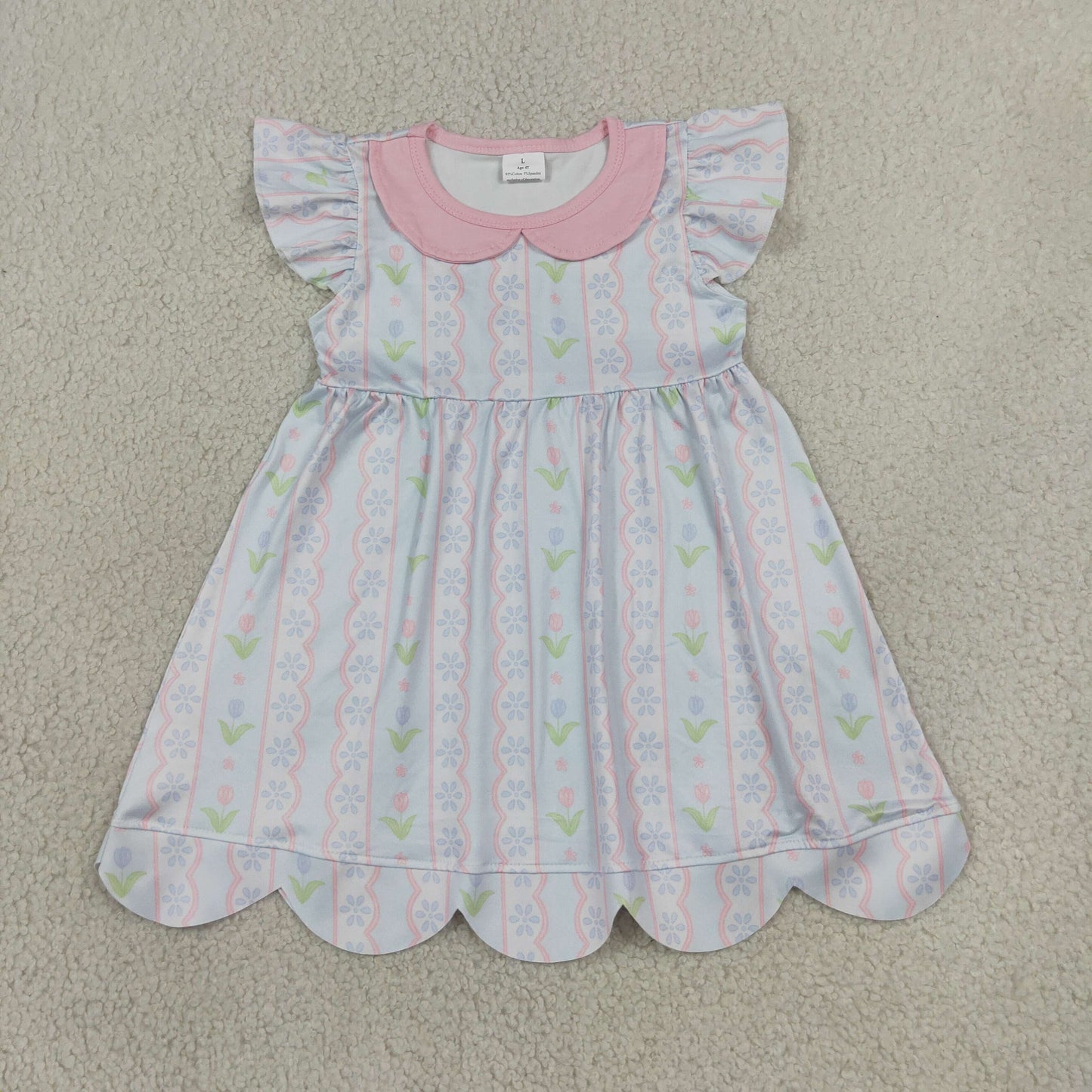RTS No moq milk silk GSD3867 Baby Girls Flutter Sleeve Flowers Stripe Collar Scallop Knee Length Dresses