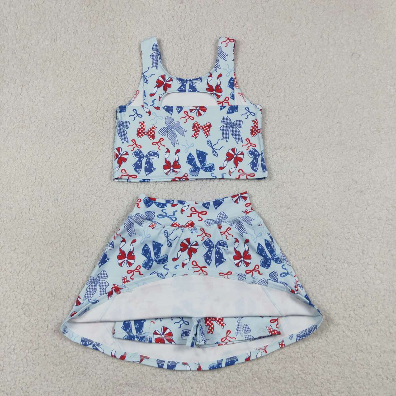 RTS NO MOQ yoga fabric GSD3874 Baby Girls Red Blue Bow Sleeveless Vest Skort Two Piece Set