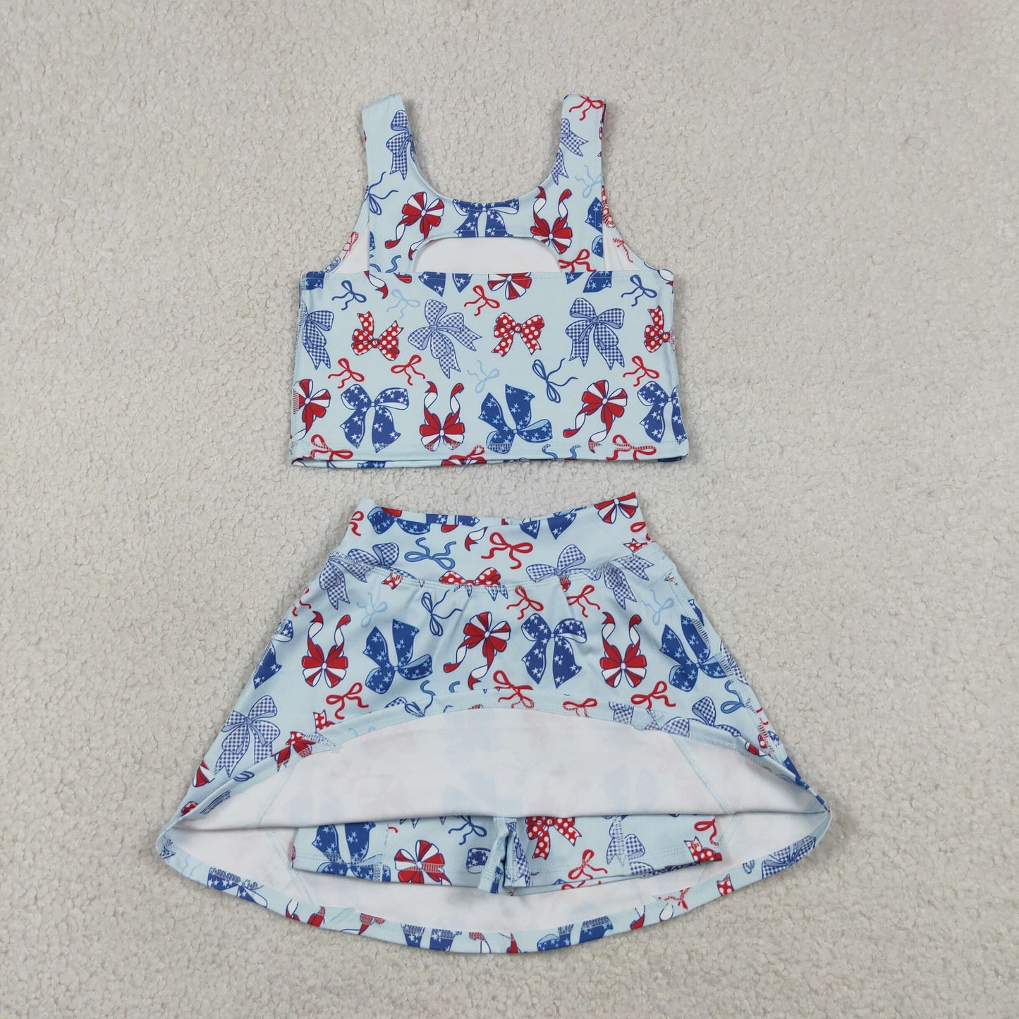 RTS NO MOQ yoga fabric GSD3874 Baby Girls Red Blue Bows Vests Skirt Short Yoga Active 4th of July Clothes Set