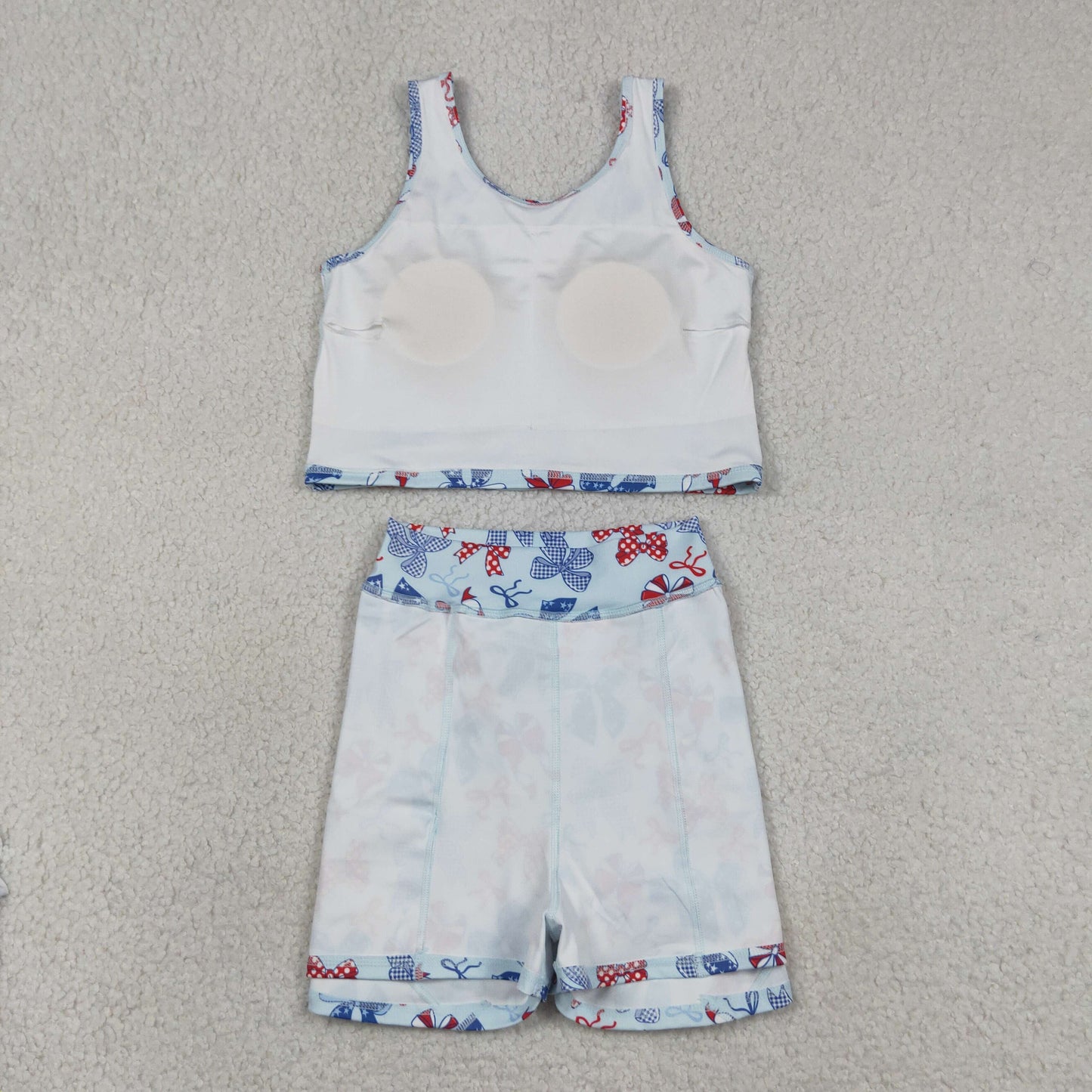 RTS NO MOQ yoga fabric GSD3874 Baby Girls Red Blue Bows Vests Skirt Short Yoga Active 4th of July Clothes Set