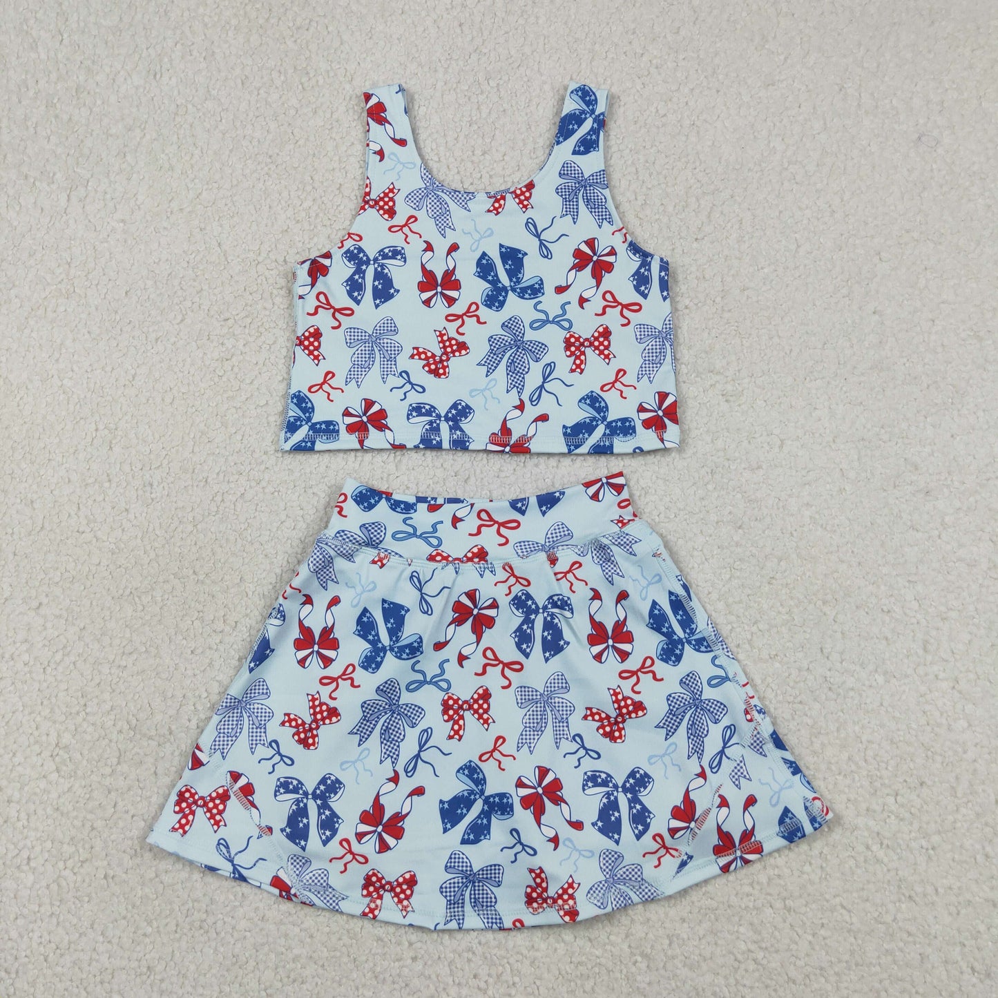 RTS NO MOQ yoga fabric GSD3874 Baby Girls Red Blue Bows Vests Skirt Short Yoga Active 4th of July Clothes Set
