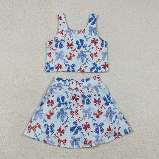 RTS NO MOQ yoga fabric GSD3874 Baby Girls Red Blue Bows Vests Skirt Short Yoga Active 4th of July Clothes Set