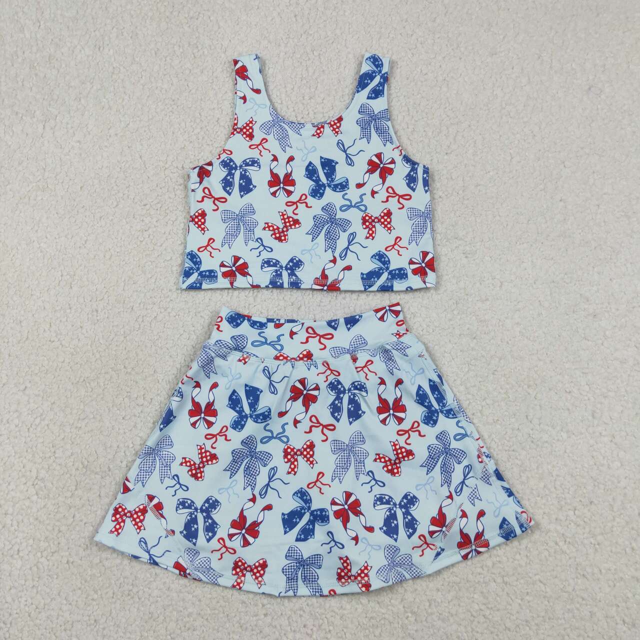 RTS NO MOQ yoga fabric GSD3874 Baby Girls Red Blue Bow Sleeveless Vest Skort Two Piece Set