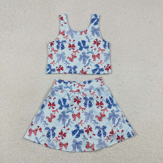 RTS NO MOQ yoga fabric GSD3874 Baby Girls Red Blue Bow Sleeveless Vest Skort Two Piece Set