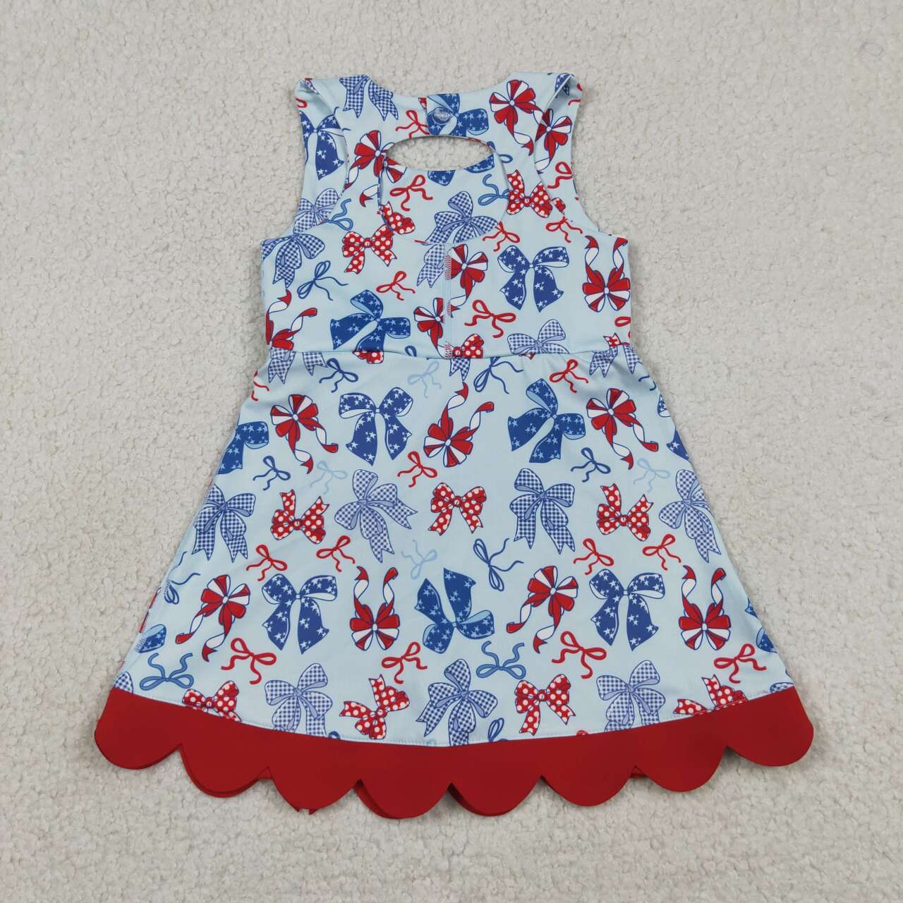 RTS NO MOQ yoga fabric GSD3875 Toddler Girls 4th Of July Bow  Scallop Hem Knee Length Dress