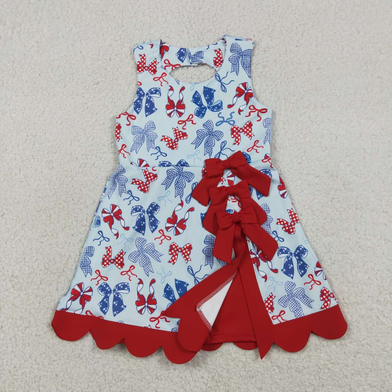 RTS NO MOQ yoga fabric GSD3875 Toddler Girls 4th Of July Bow  Scallop Hem Knee Length Dress