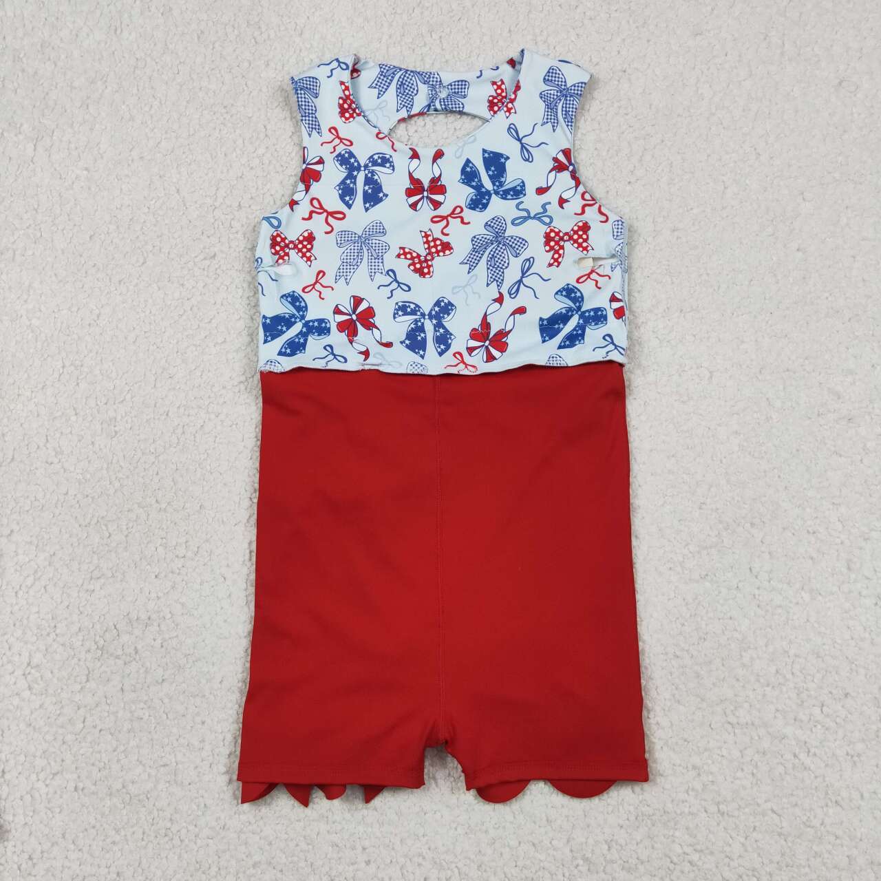 RTS NO MOQ yoga fabric GSD3875 Toddler Girls 4th Of July Bow  Scallop Hem Knee Length Dress