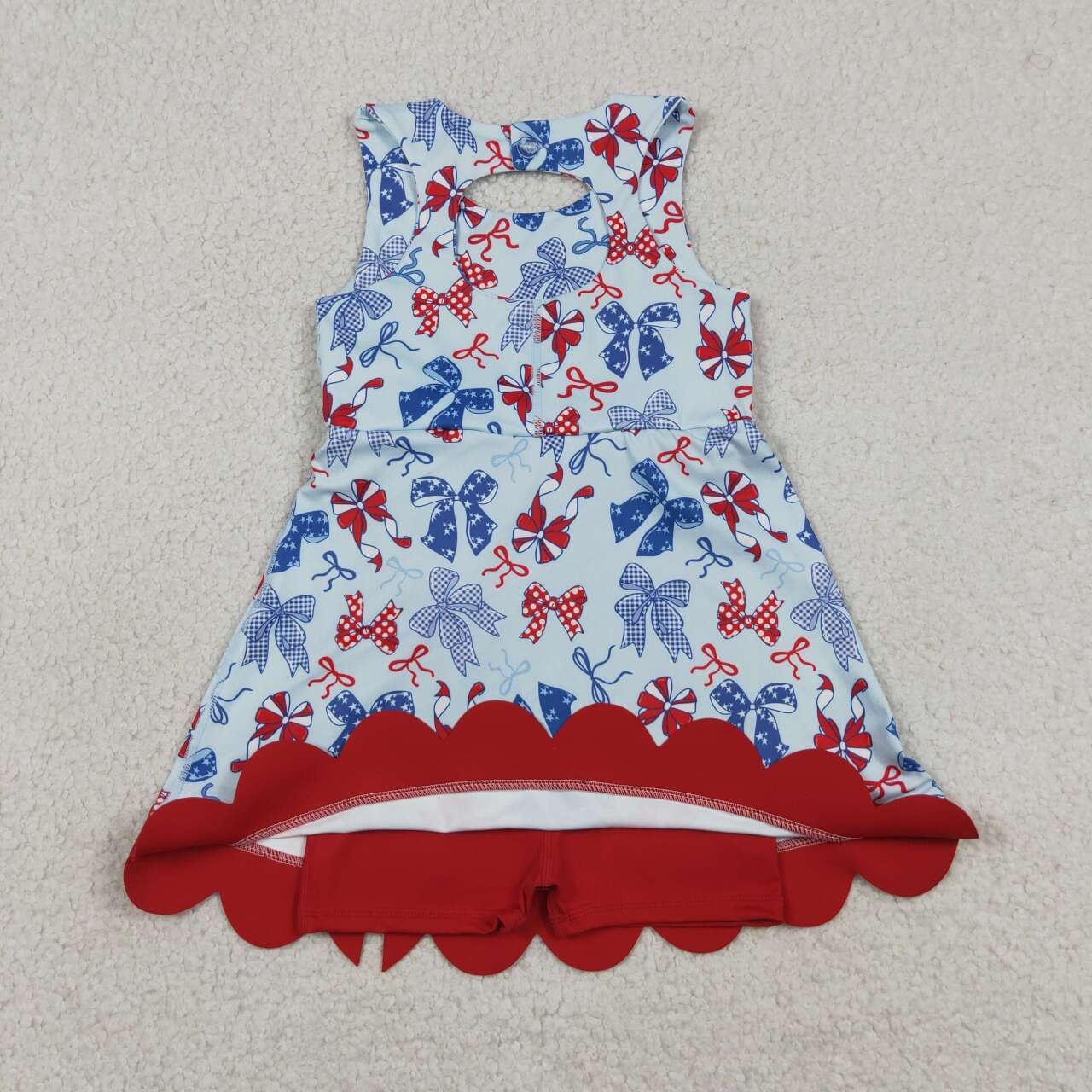 RTS NO MOQ yoga fabric GSD3875 Toddler Girls 4th Of July Bow  Scallop Hem Knee Length Dress