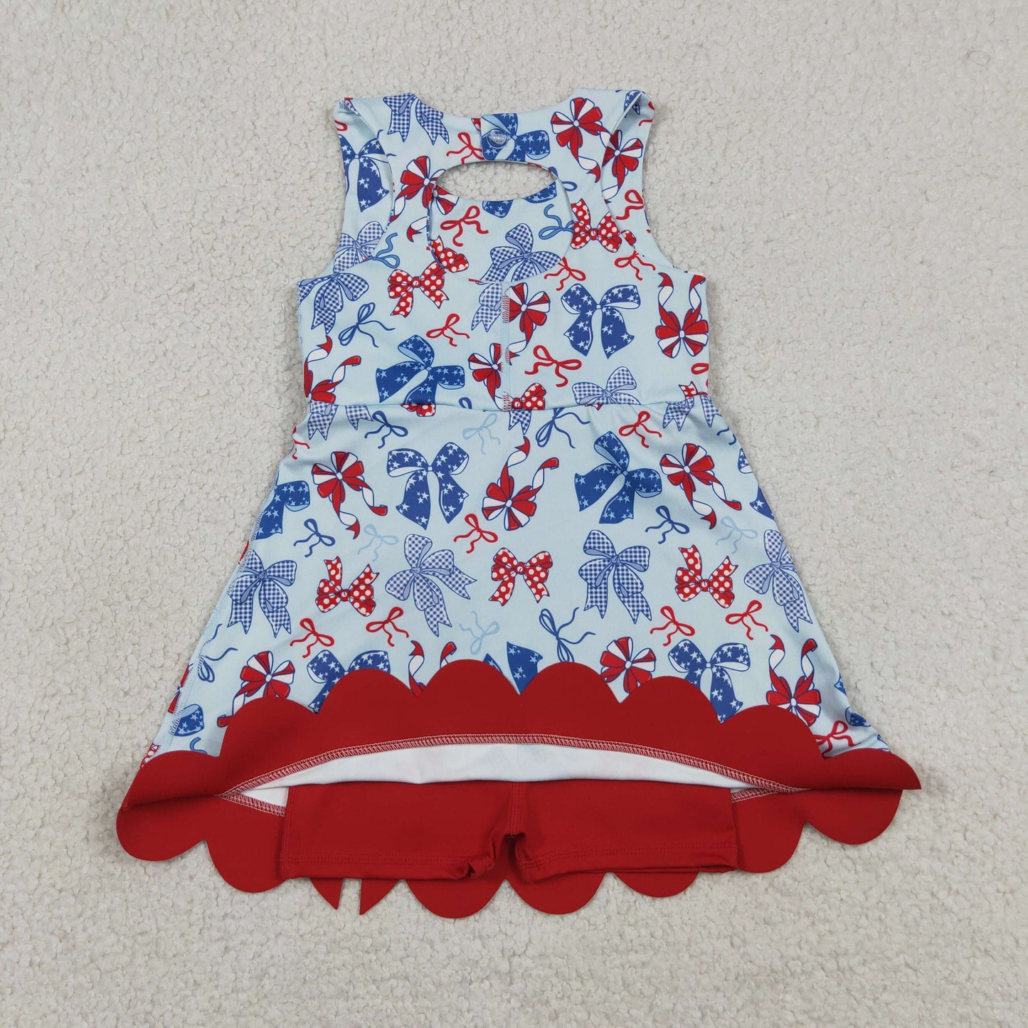 RTS NO MOQ yoga fabric GSD3875 4th Of July Bow Yoga Scallop Knee Length Dresses For Baby Girls