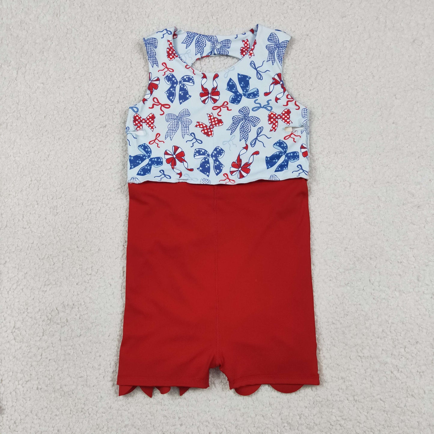RTS NO MOQ yoga fabric GSD3875 4th Of July Bow Yoga Scallop Knee Length Dresses For Baby Girls
