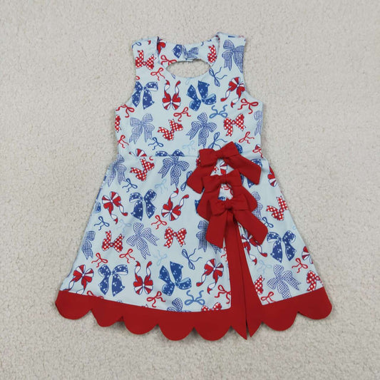 RTS NO MOQ yoga fabric GSD3875 Toddler Girls 4th Of July Bow  Scallop Hem Knee Length Dress