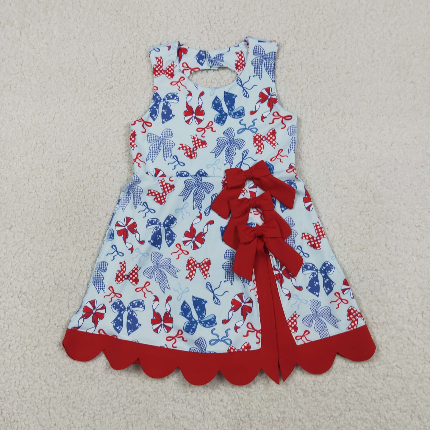 RTS NO MOQ yoga fabric GSD3875 4th Of July Bow Yoga Scallop Knee Length Dresses For Baby Girls