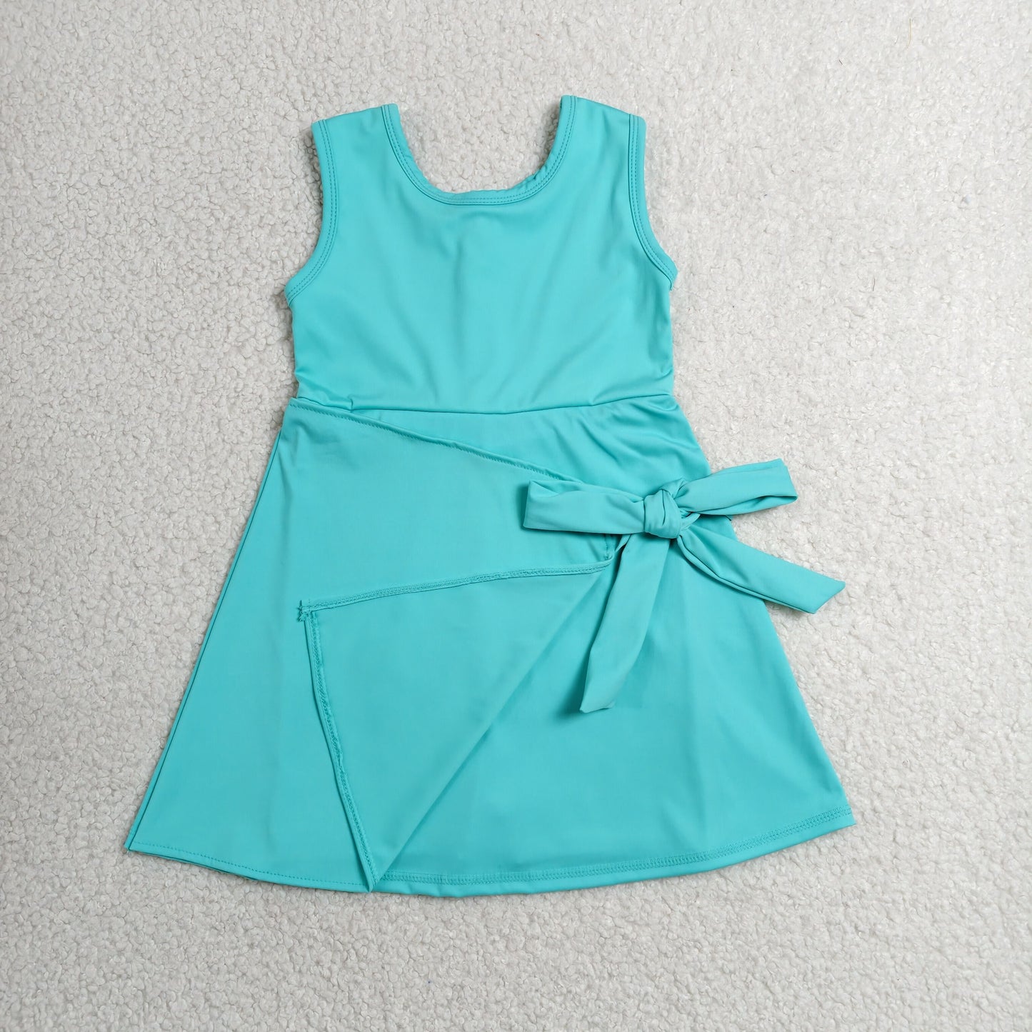 RTS NO MOQ yoga fabric cotton GSD3876 Baby Girls Aqua Color Bow Sleeveless Knee Length Dress