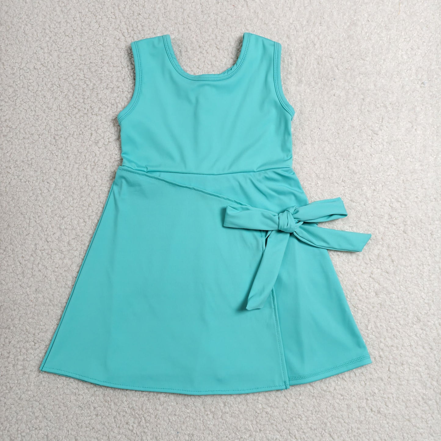 RTS NO MOQ yoga fabric cotton GSD3876 Baby Girls Aqua Color Bow Sleeveless Knee Length Dress