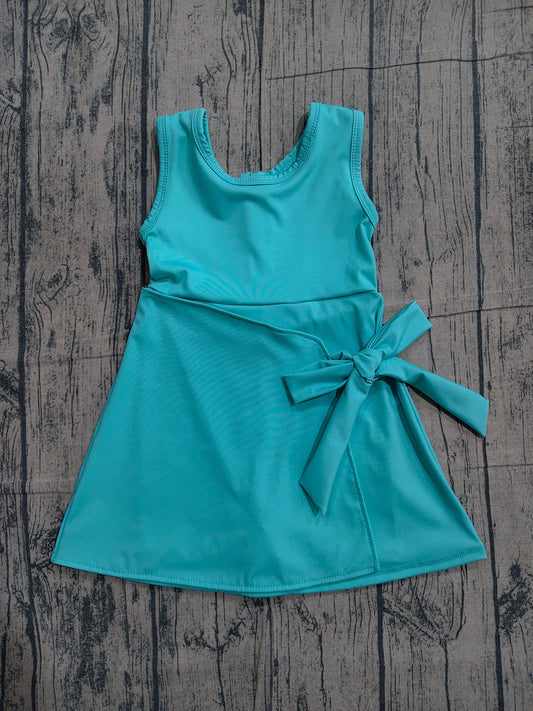 (Pre Order) No moq GSD3876 Aqua Color Bow Sleeveless Knee Length Dress For Baby Girls