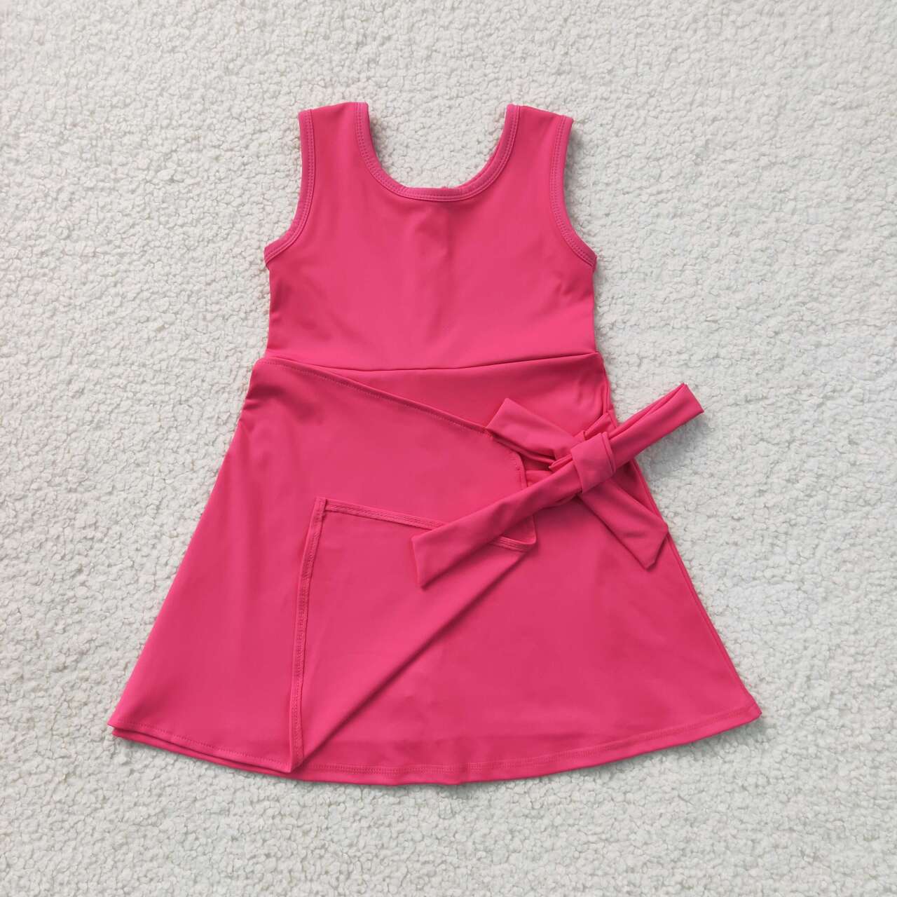 NEW RTS NO MOQ yoga fabric cotton GSD3878 Baby Girls Hot Pink Sleeveless Bows Yoga Active Knee Length Dress
