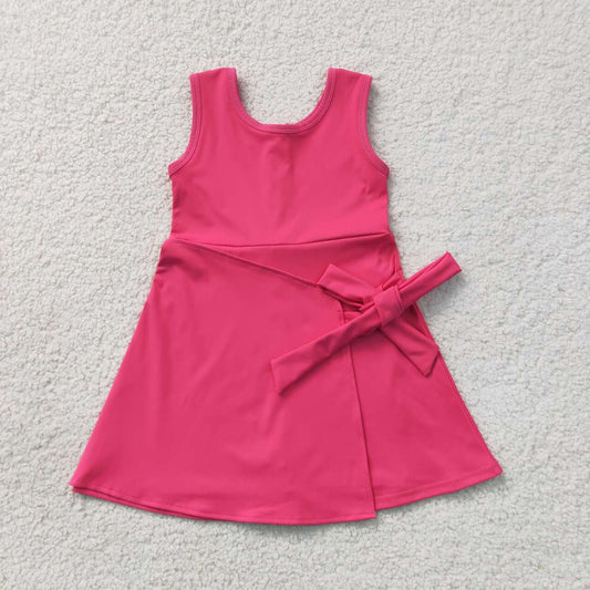 NEW RTS NO MOQ yoga fabric cotton GSD3878 Baby Girls Hot Pink Sleeveless Bows Yoga Active Knee Length Dress