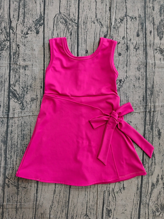 (Sample) No moq yoga fabric GSD3878 Yoga Baby Girls Hot Pink Sleeveless Bows Team Yoga Active Knee Length Dress