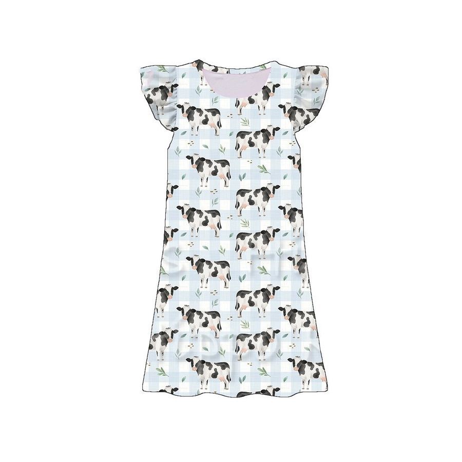 (Preorder new) No moq GSD3895 Baby Girls Blue Checked Farm Cow Print Flutter Sleeve Knee Length Dress