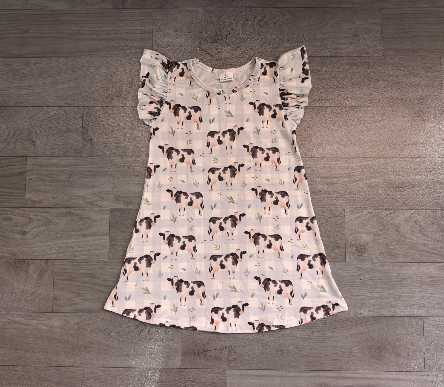 (Sample) No moq milk silk GSD3895 Baby Girls Flutter Sleeve Blue Checked Cows Farm Knee Length Dresses