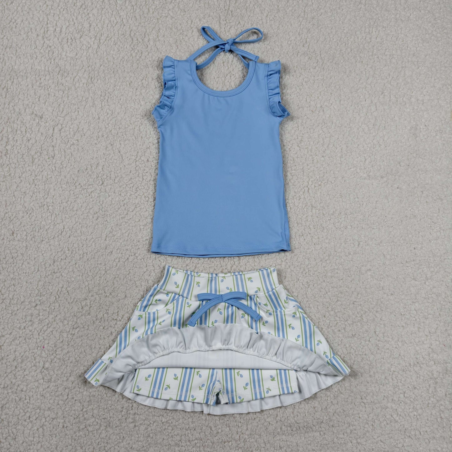 RTS NO MOQ yoga fabric GSD3906 Girls Floral Stripe Sleeveless Top Skort Two Piece Outfits Set