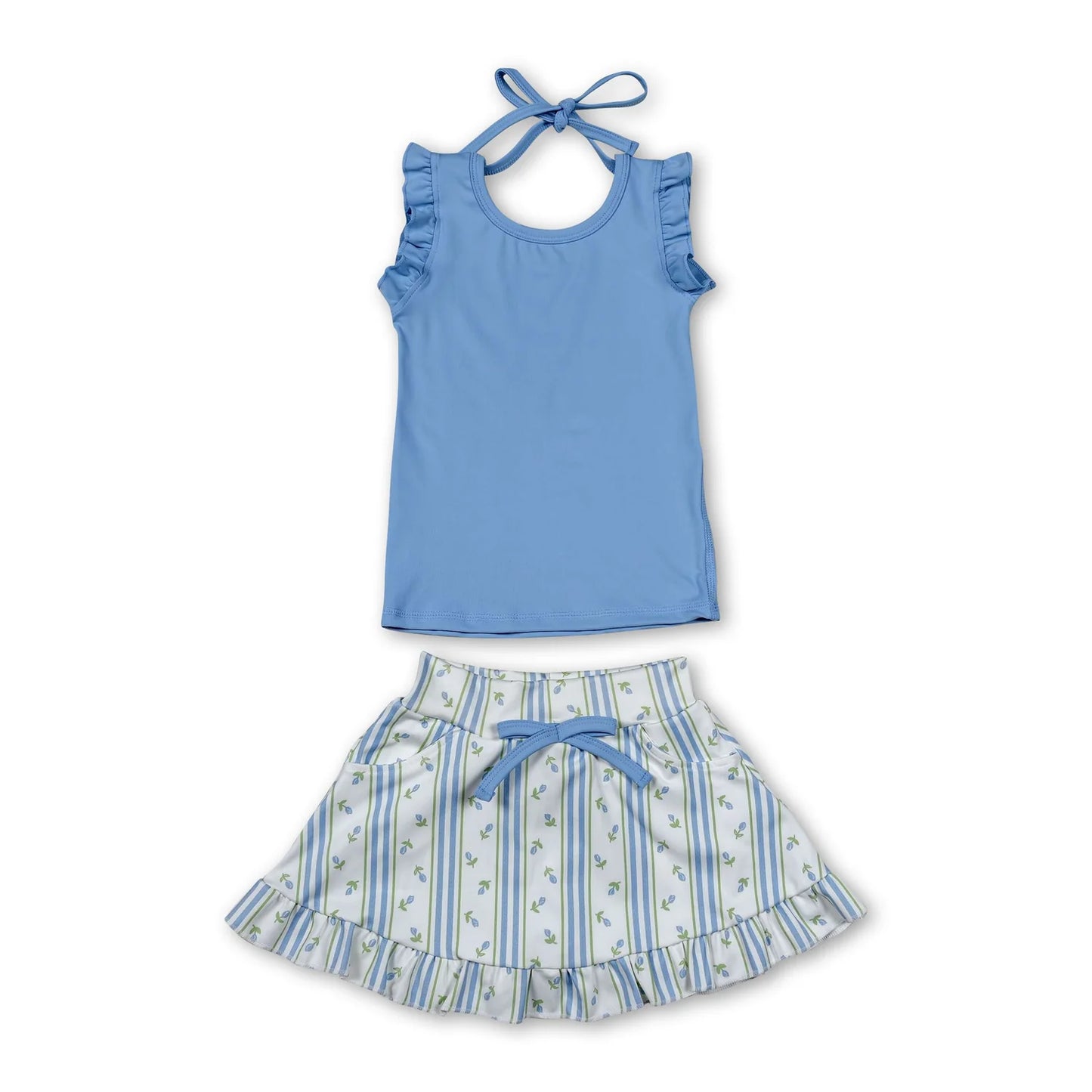 RTS NO MOQ Sibling yoga fabric Baby Girls Cute Sleeveless Vest Colorful Floral Print Pocket Skirt Two Piece Yoga Active Set